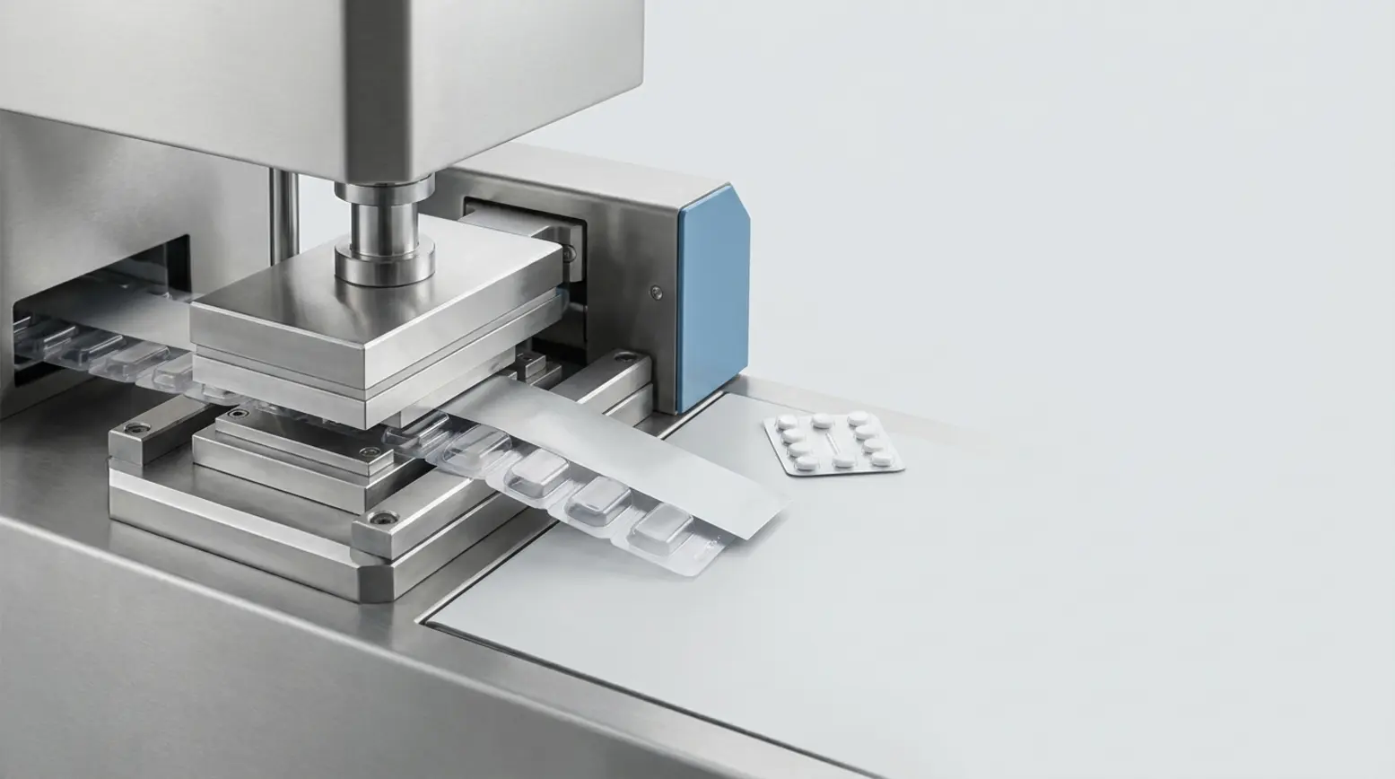 A stainless steel blister packaging machine in a clean studio, showcasing the sealing process.