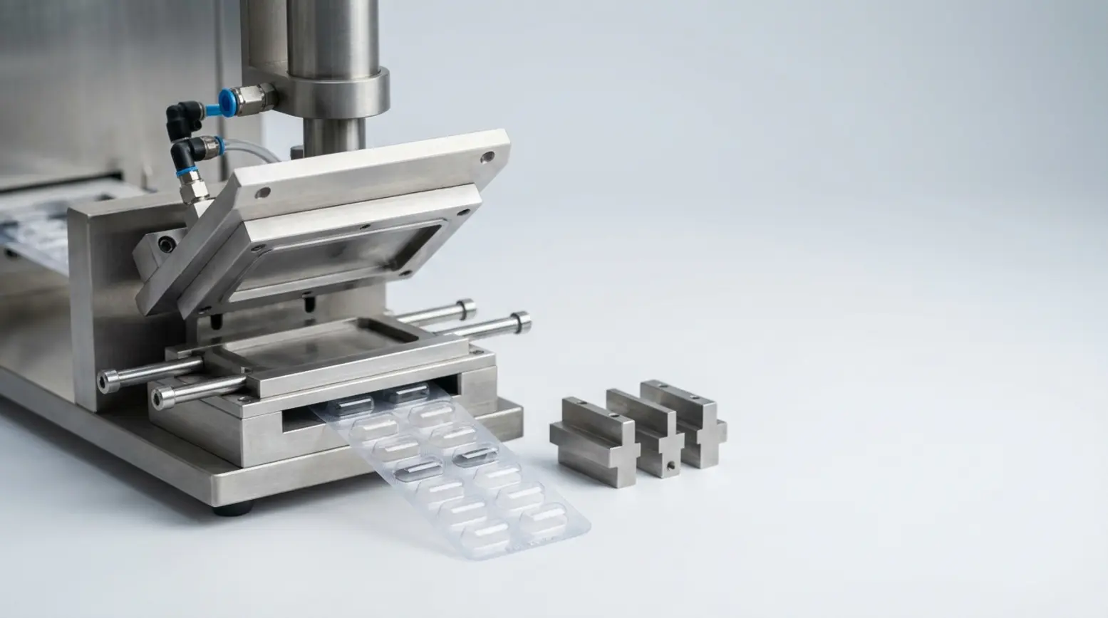 A clean, detailed view of a pharmaceutical blister packaging machine's forming station.