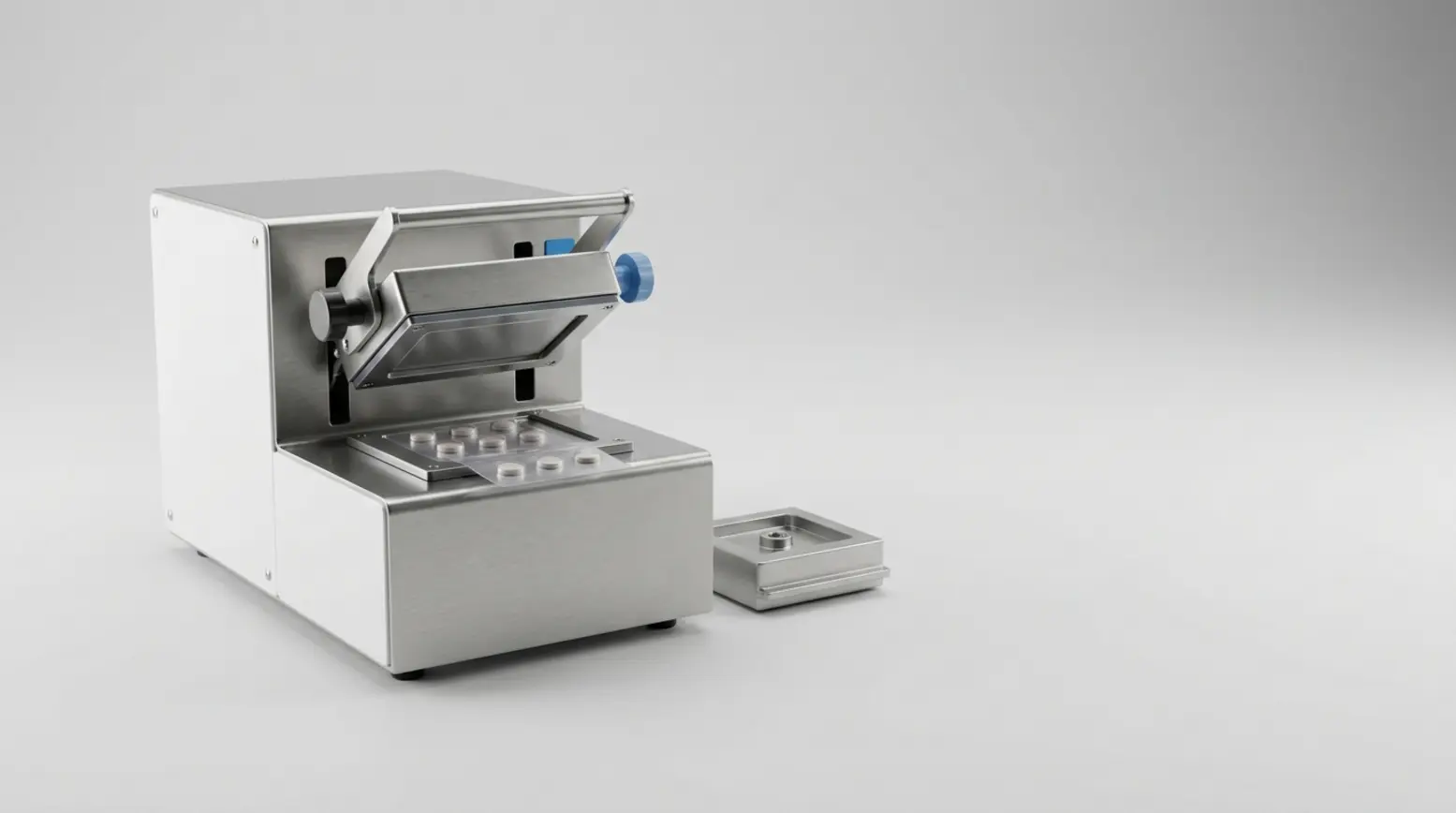 Compact manual tabletop blister sealing machine for clinical trial packaging, on grey backdrop.