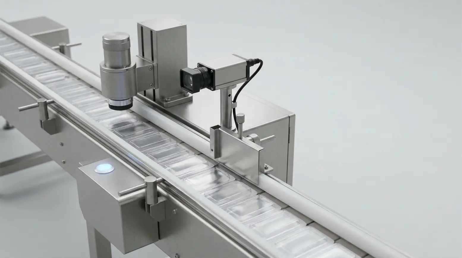 Panoramic view of a stainless-steel blister packaging conveyor with optical inspection system.
