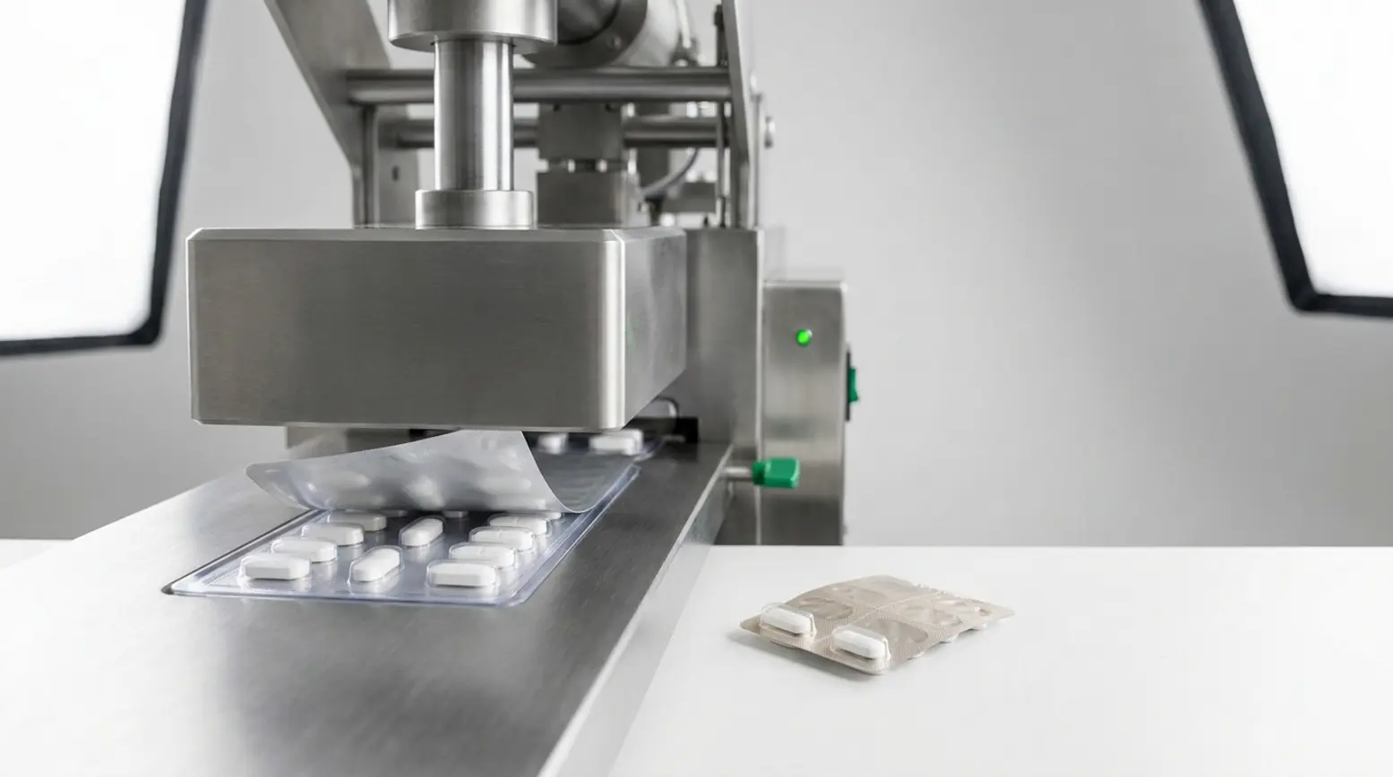 Close-up of a stainless-steel cold-sealing station sealing a blister pack in a clean studio setting.