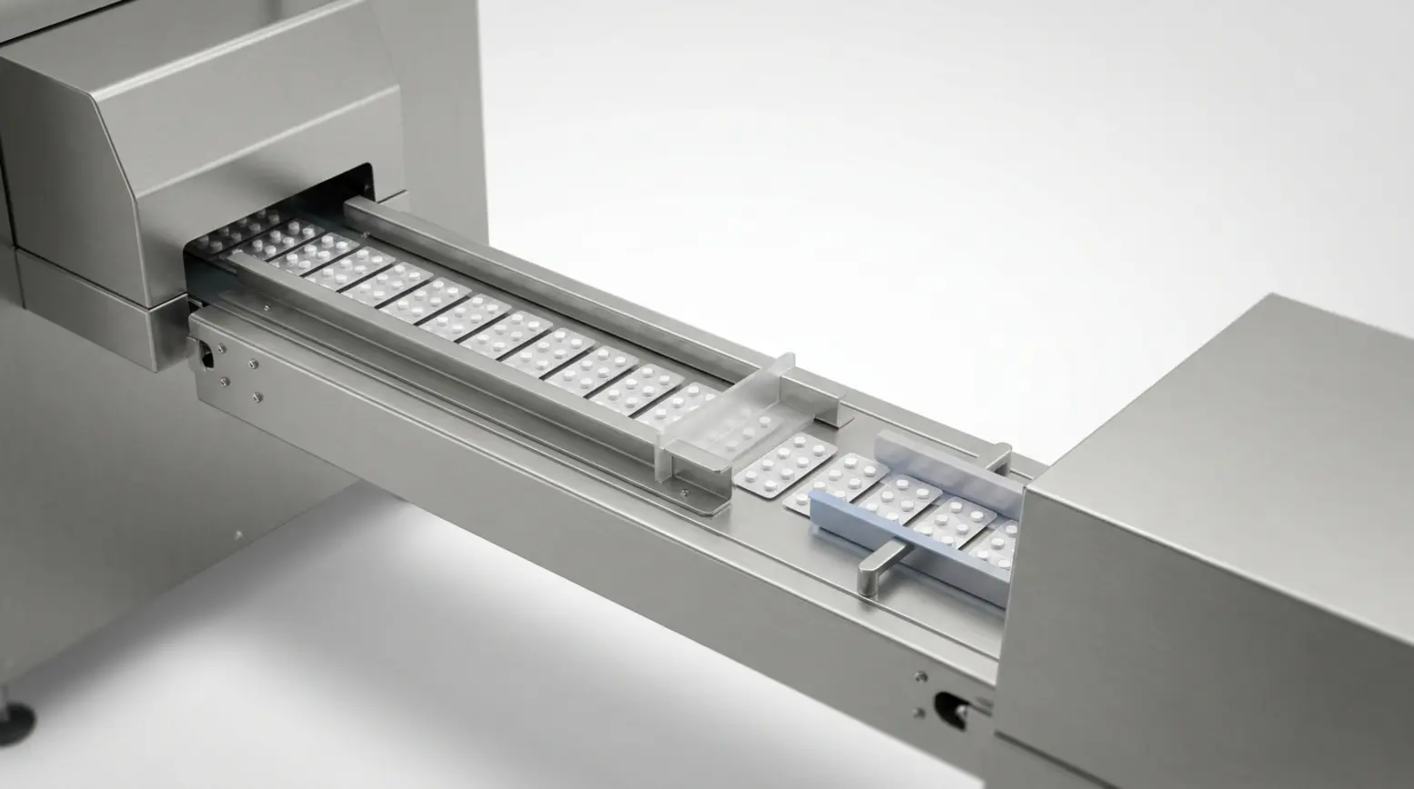 "Handover of stainless-steel blister packs to cartoner infeed, showcasing precision and engineering."