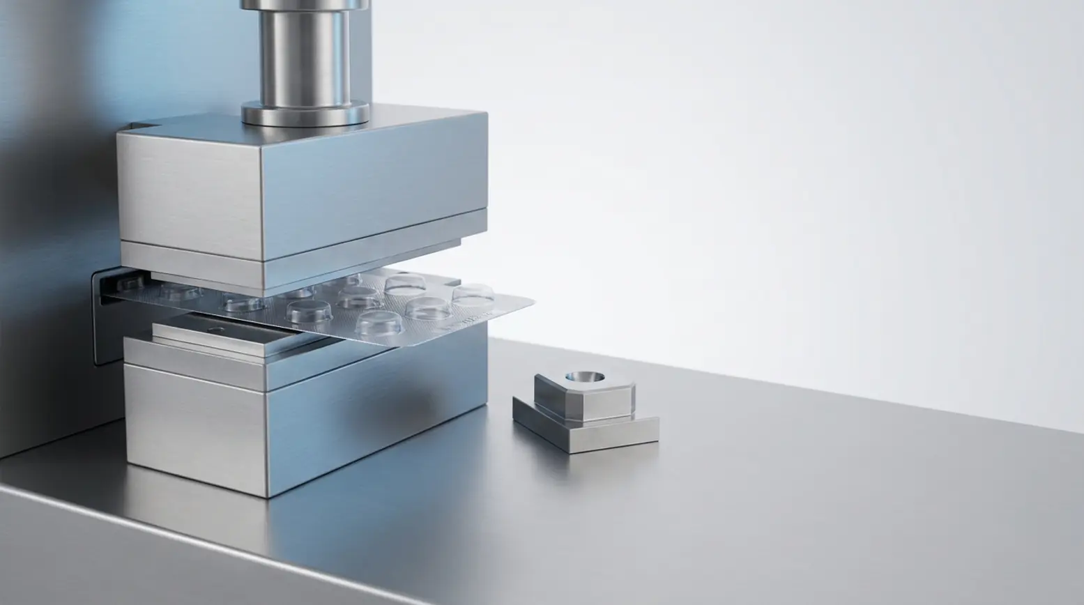 Panoramic shot of a stainless steel blister packaging machine with clear tablet cavities.