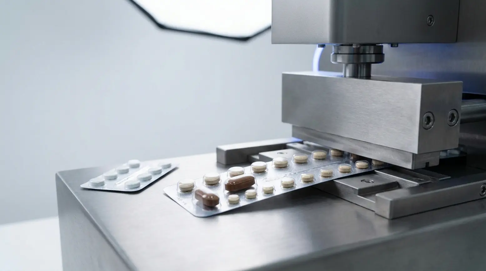Close-up of a stainless steel veterinary blister packaging machine showcasing mixed product formats.