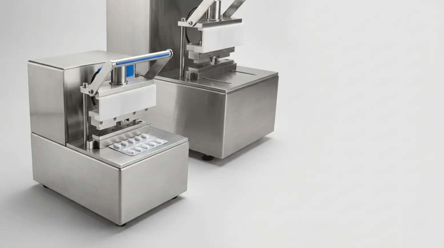 Two pharmaceutical blister-packaging machines on a seamless light-grey surface, showcasing contrast.