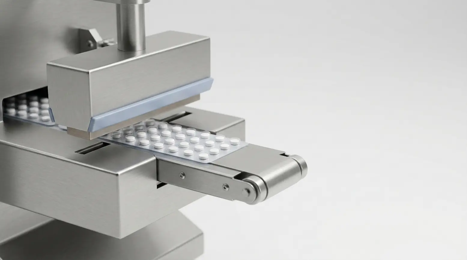 Stainless-steel blister packaging machine in a sleek, minimalistic studio setting.