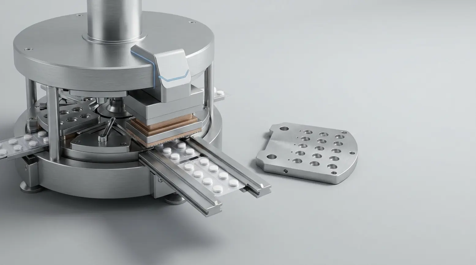 Close-up of a stainless-steel pharmaceutical blister packaging machine in a clean studio.