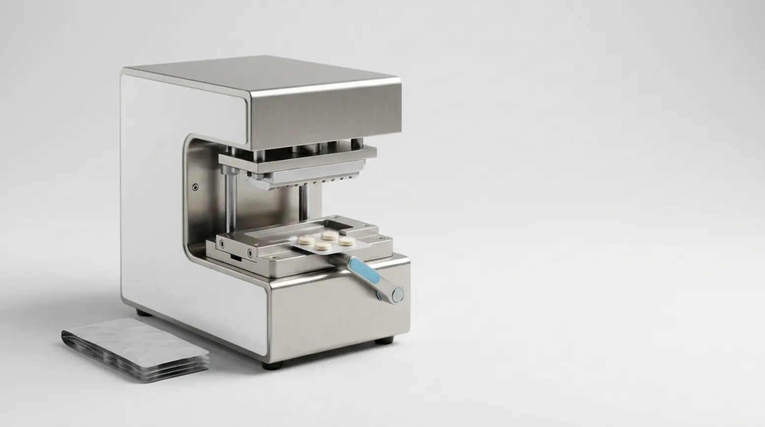 Compact manual blister sealing machine for low-volume pharmacy packaging on a clean backdrop.