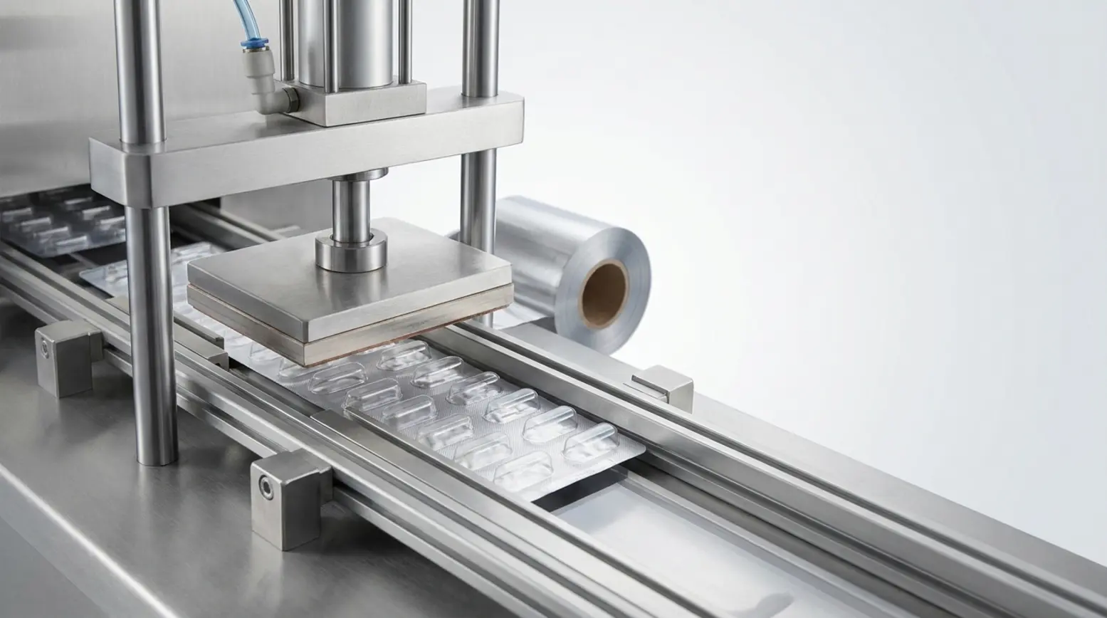 Close-up of a stainless-steel pharmaceutical blister packaging machine with precise sealing plate.