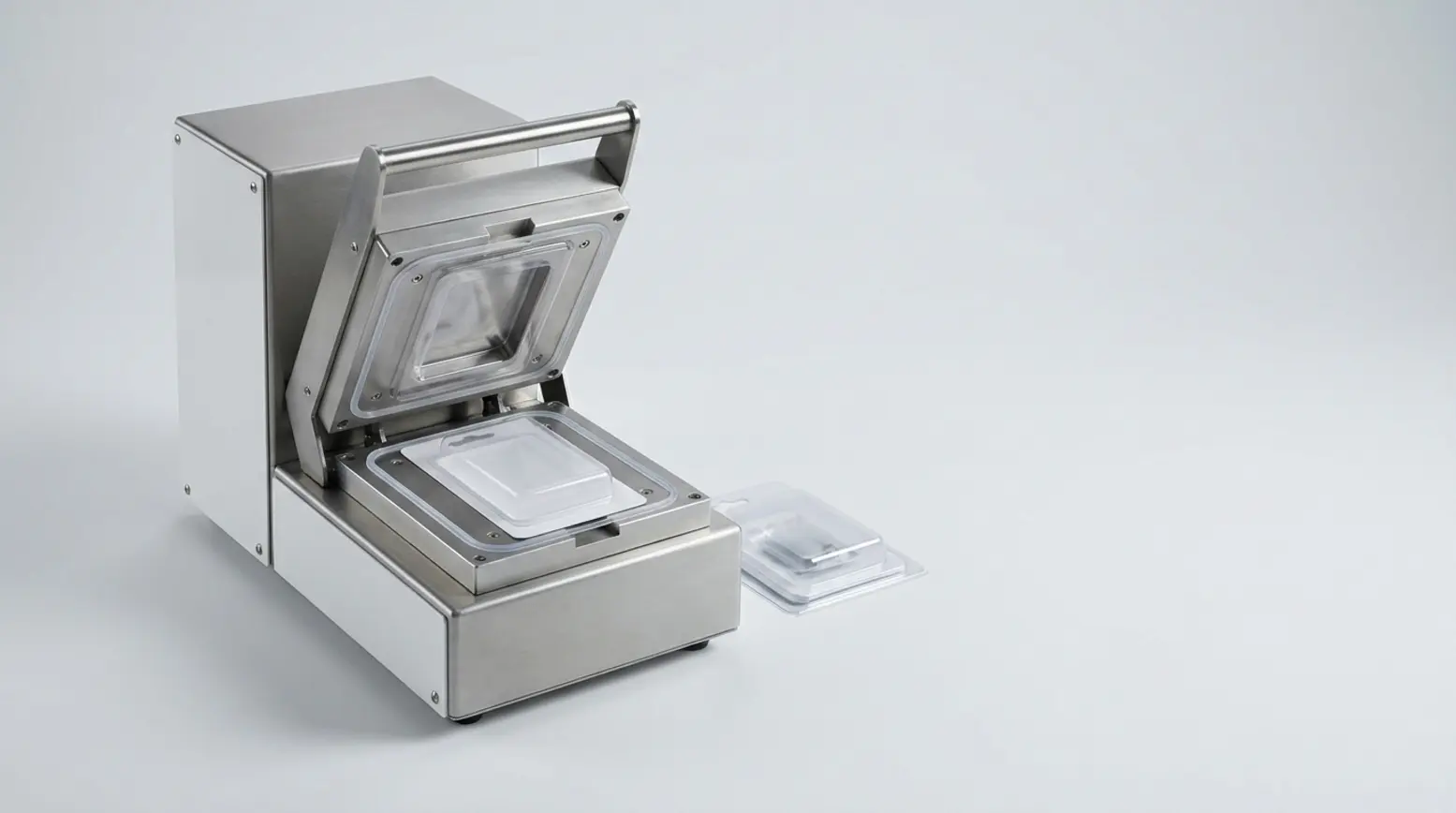 A sleek, compact blister card sealing machine in a clean studio setting.