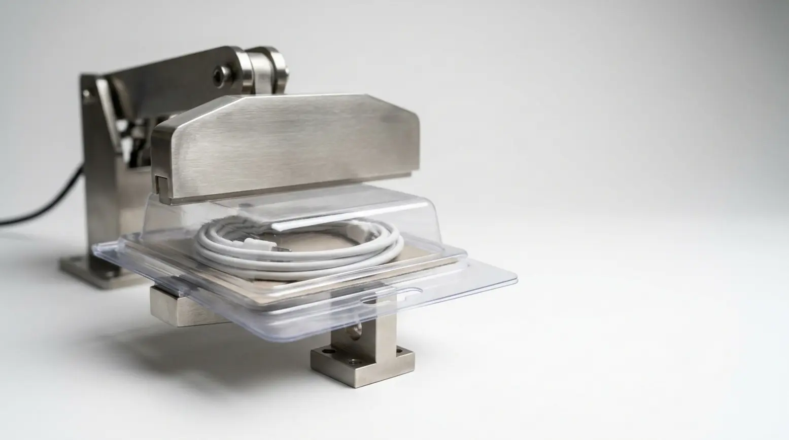 Close-up of a heat-sealing station with a clamshell package against a soft backdrop.