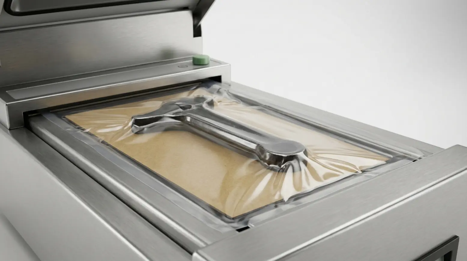 Compact stainless-steel skin packaging machine with vacuum-formed film over metal tool on kraft board.