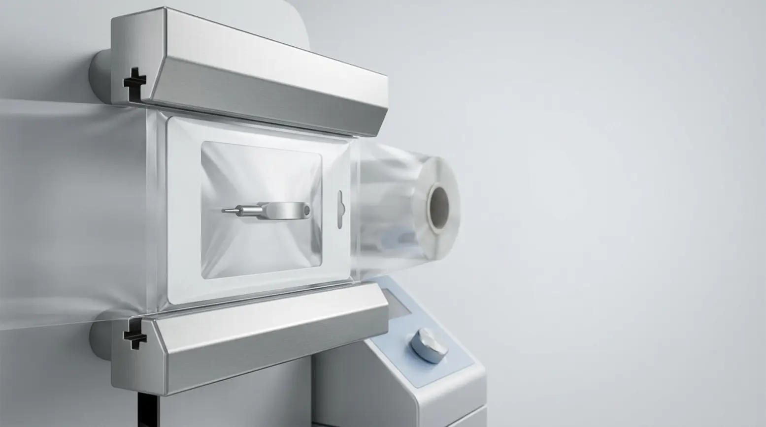 Close-up of a stainless-steel film sealing machine with a balanced accessory in clear film.