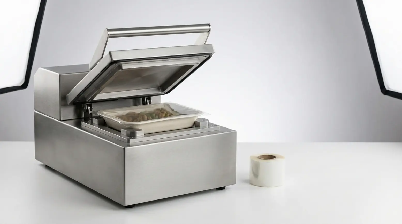 Panoramic shot of a stainless-steel food tray sealing machine with a ready-meal tray inside.