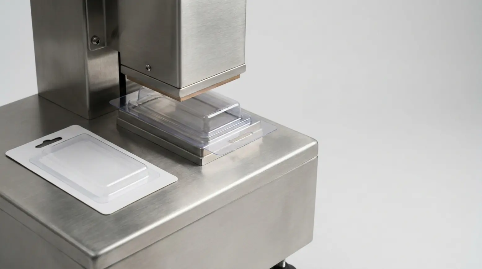 Close-up of a stainless-steel blister sealing station with a clear blister pack, elegantly styled.