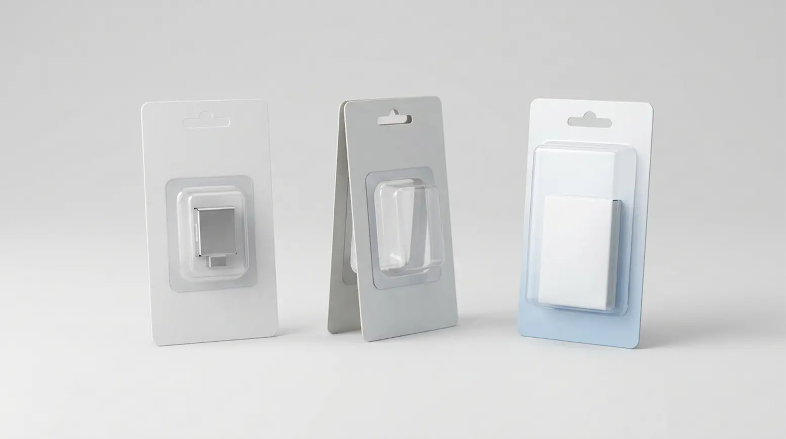 Three retail blister-pack samples in a clean comparison scene with a subtle grey background.