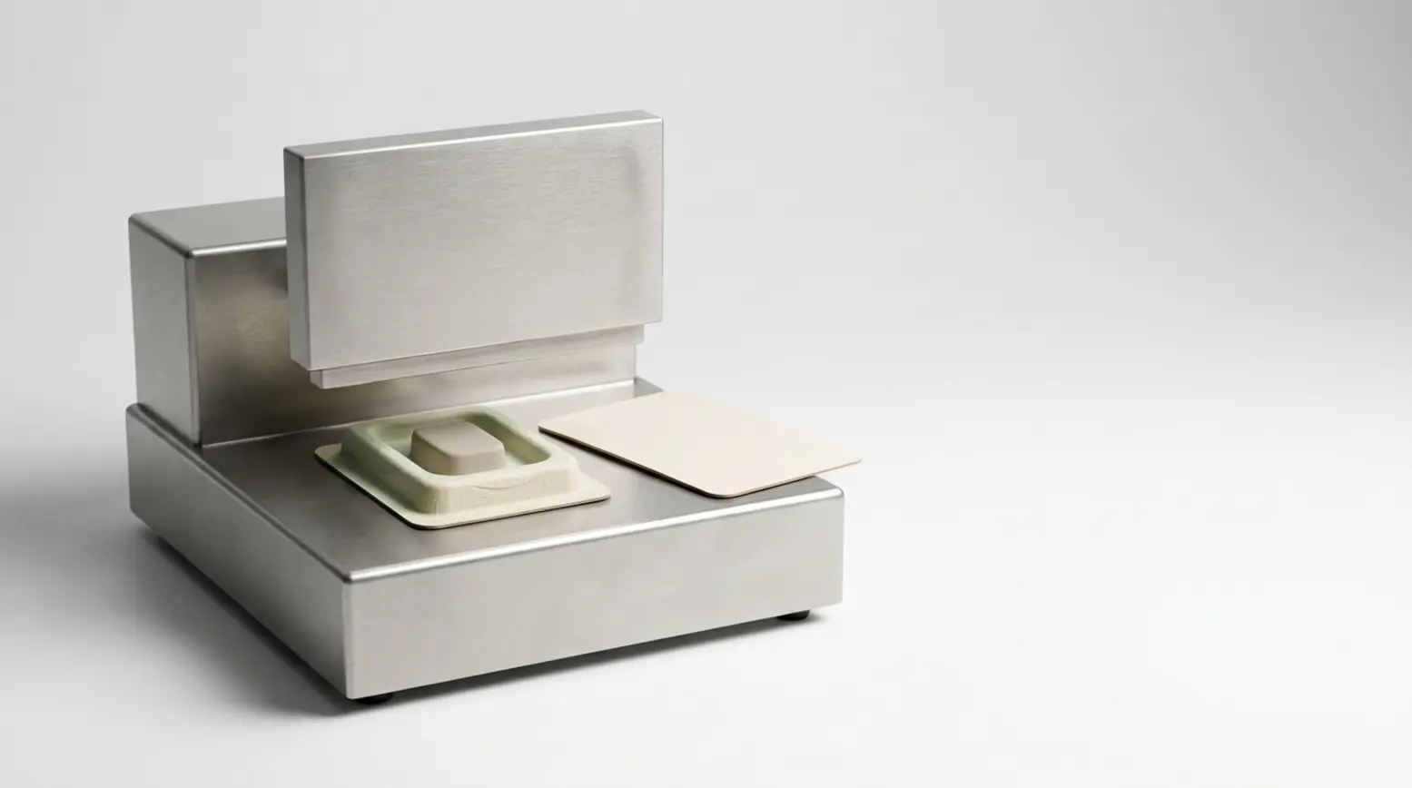 Compact stainless-steel blister sealing station with minimalistic natural-fiber packaging.