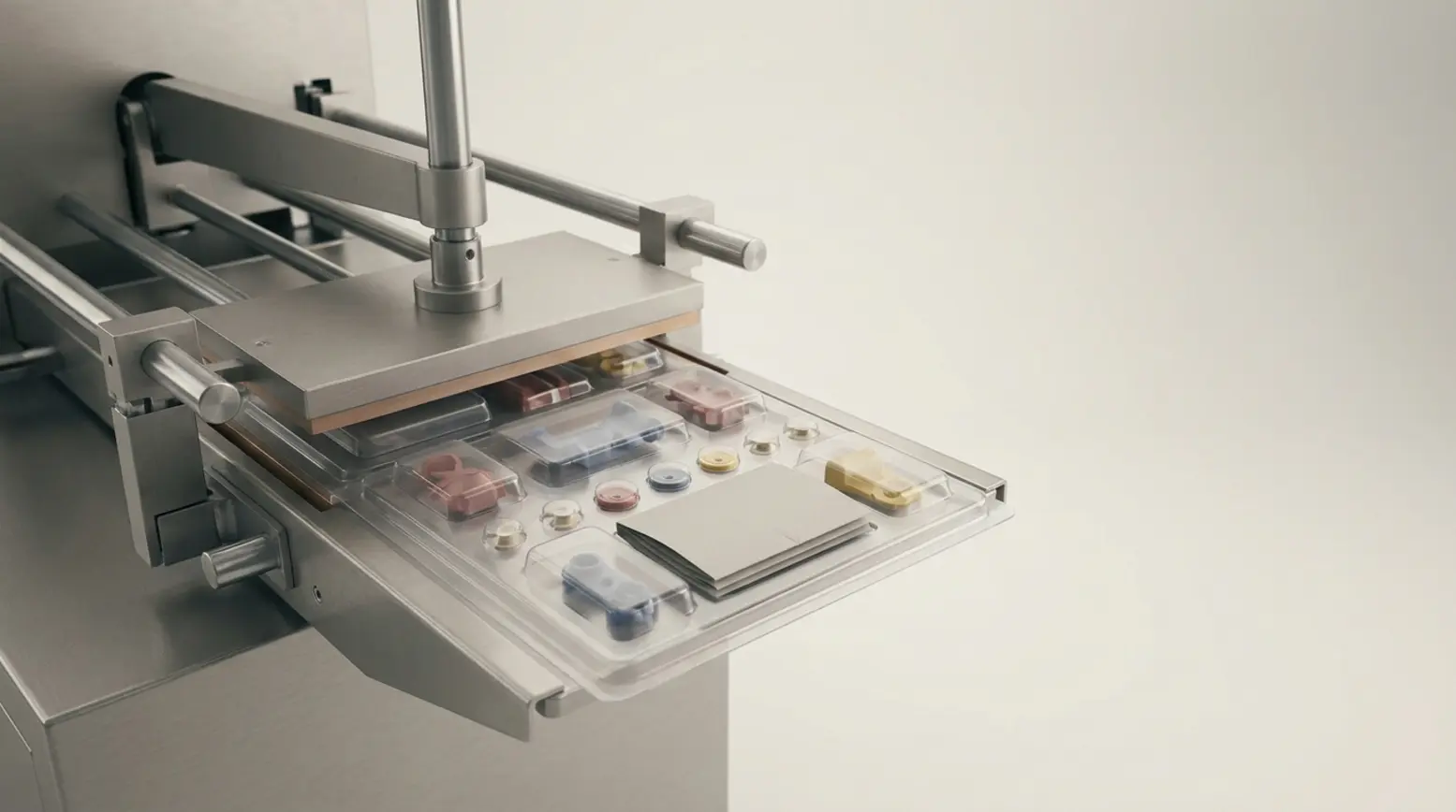 Close-up of a stainless-steel blister packaging machine sealing toy components in a pristine setting.
