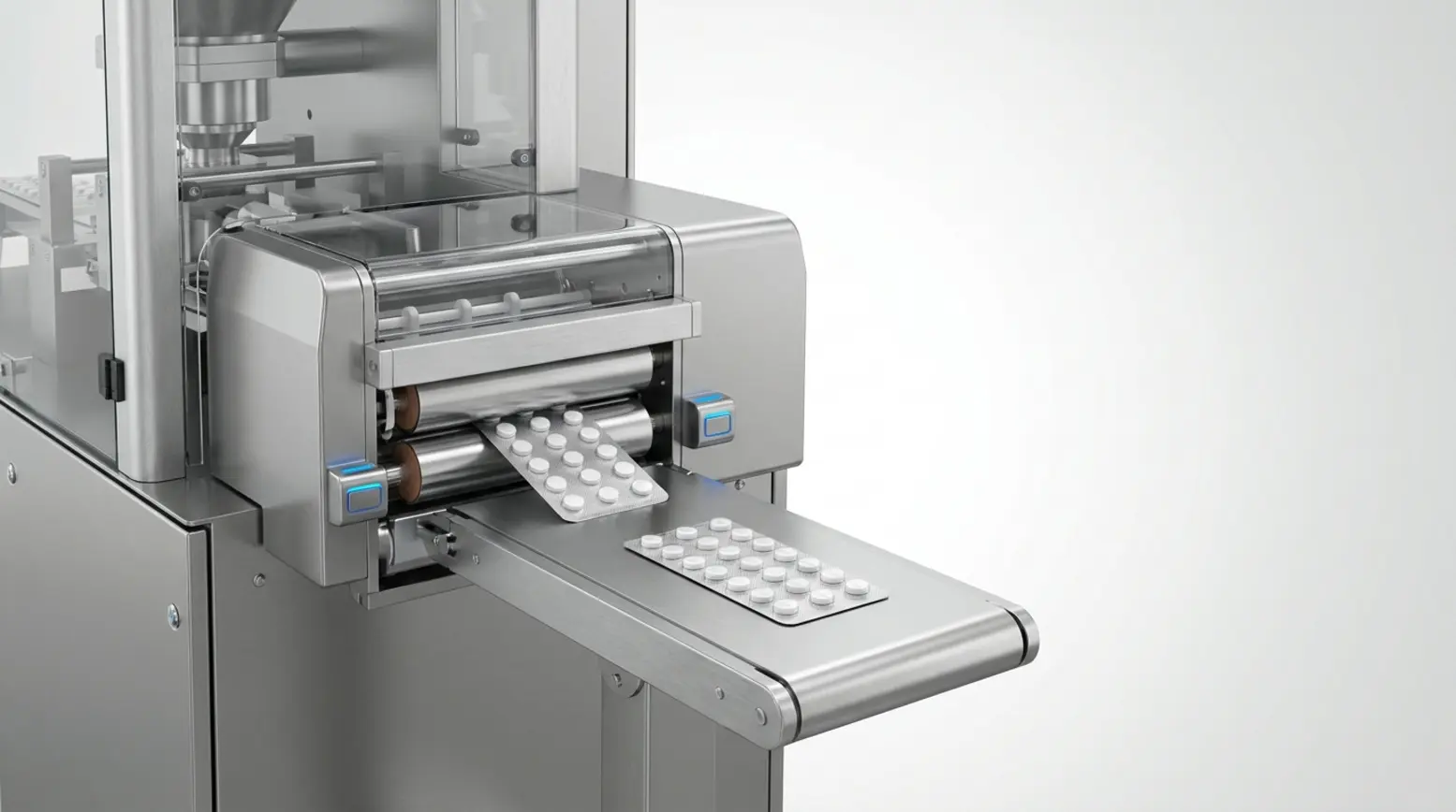 Close-up of a stainless-steel blister packaging machine with neat tablet packs on a conveyor.