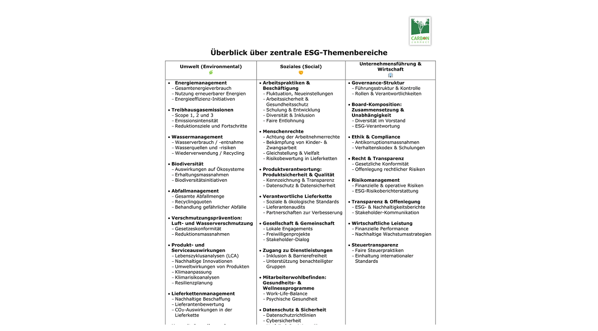 ESG Themenbereiche und Handlungsempfehlungen