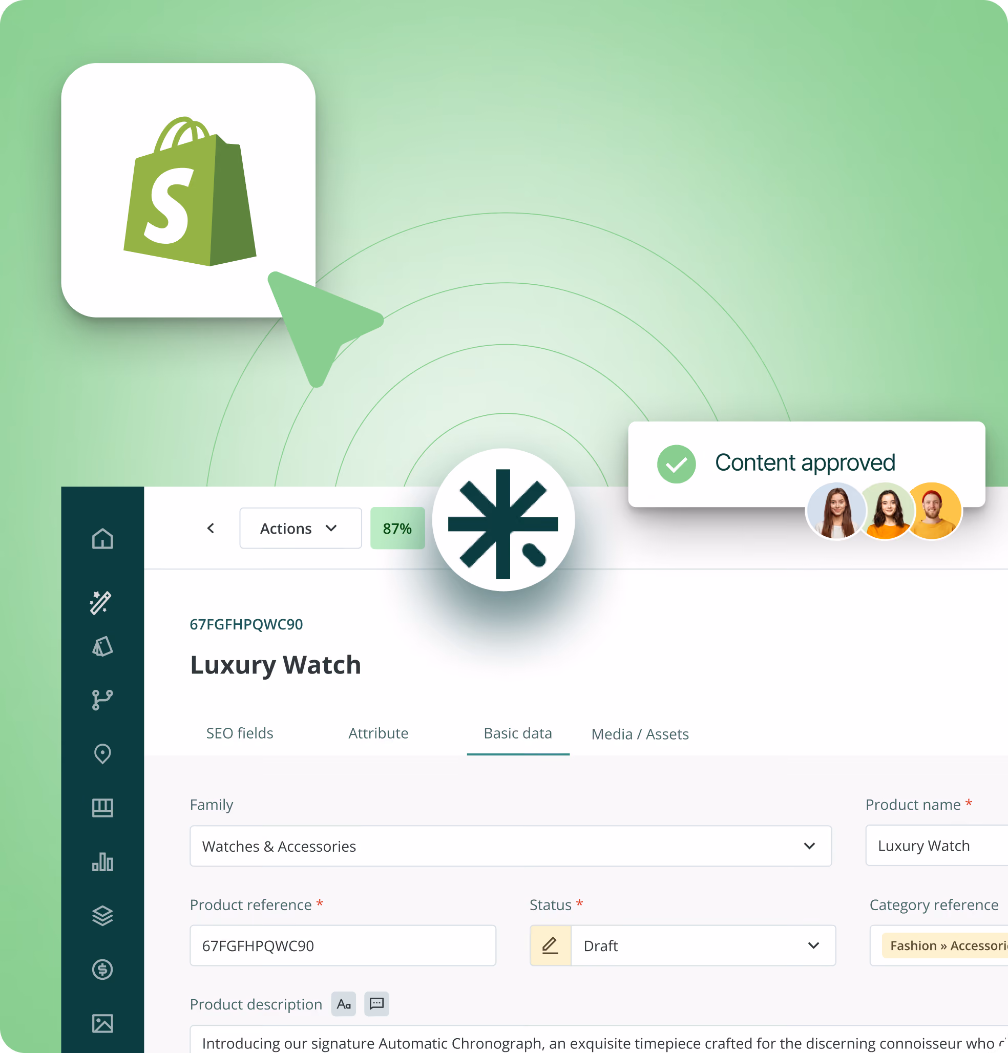 Ilustración de Sales Layer PIM aprobando contenido de catálogo y publicando datos de producto enriquecidos directamente en Shopify.