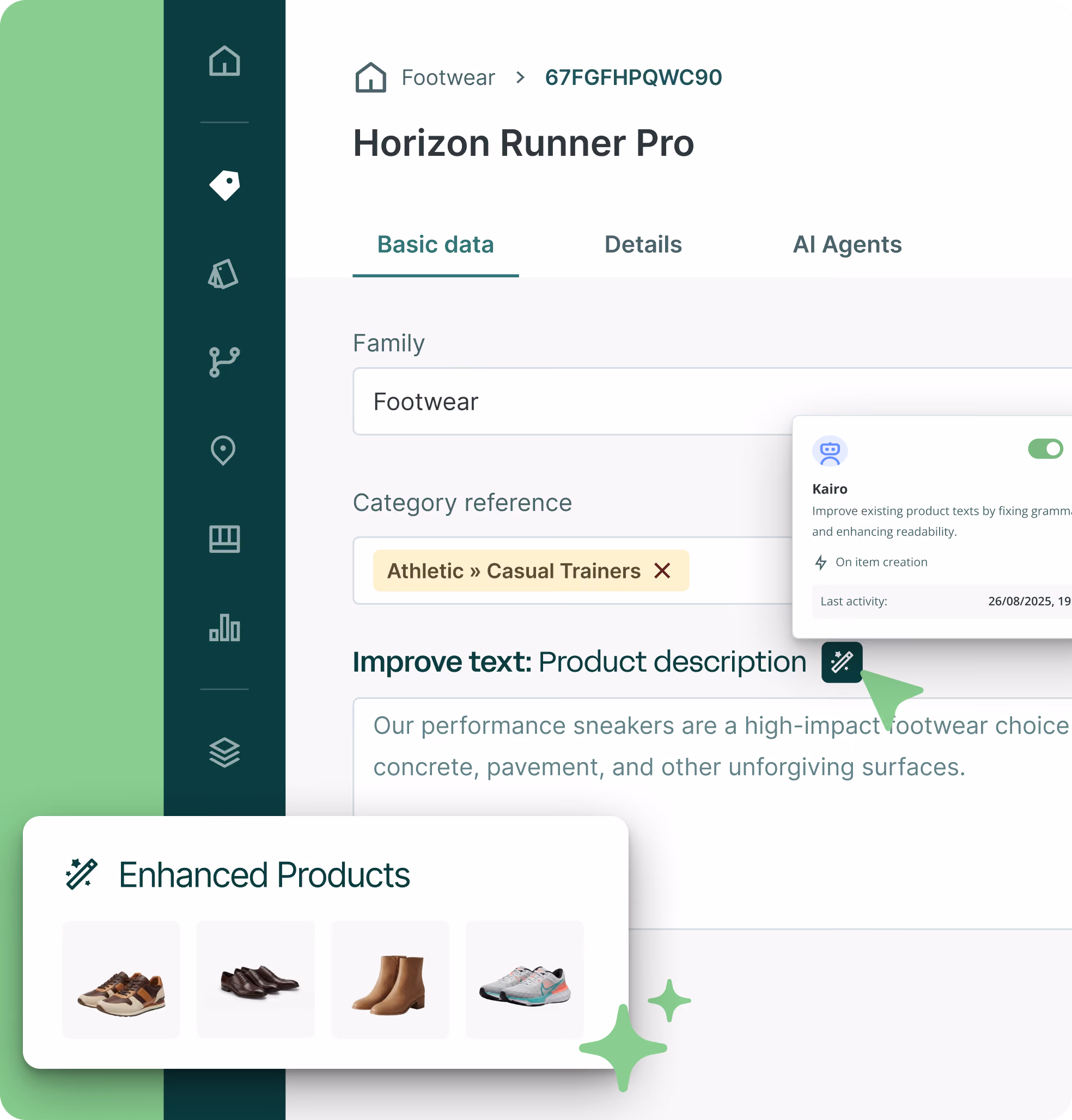 Captura de pantalla de Sales Layer PIM con AI Agents como Kairo, que genera, optimiza y enriquece automáticamente descripciones de producto a escala.