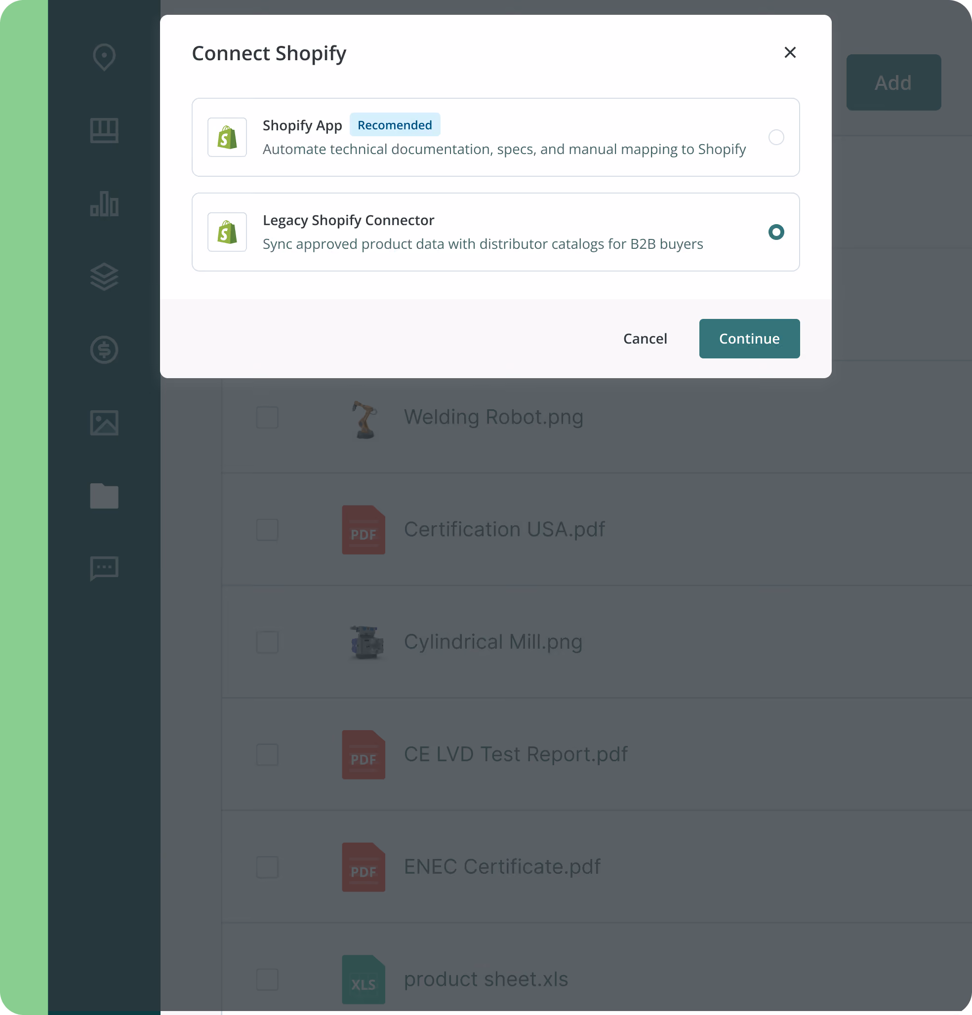 Ventana emergente de la interfaz de Sales Layer con el título «Connect Shopify», que permite elegir entre «Shopify App (Recommended)» para automatizar las especificaciones técnicas y el mapeo, o «Legacy Shopify Connector» para sincronizar los datos de producto con catálogos B2B.