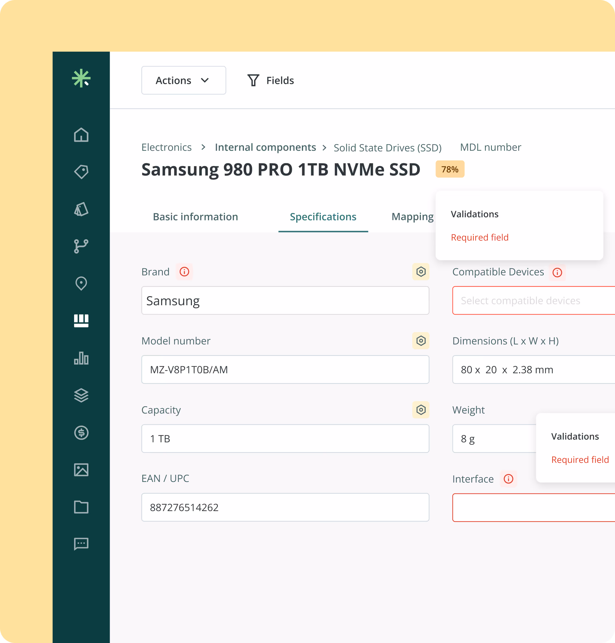 User interface screen showing specifications for Samsung 980 PRO 1TB NVMe SSD, with fields for brand (Samsung), model number (MZ-V8P1T0B/AM), capacity (1 TB), EAN/UPC (887276514262), dimensions (80 x 20 x 2.38 mm), weight (8 g), and empty required fields for compatible devices and interface marked with validation errors.