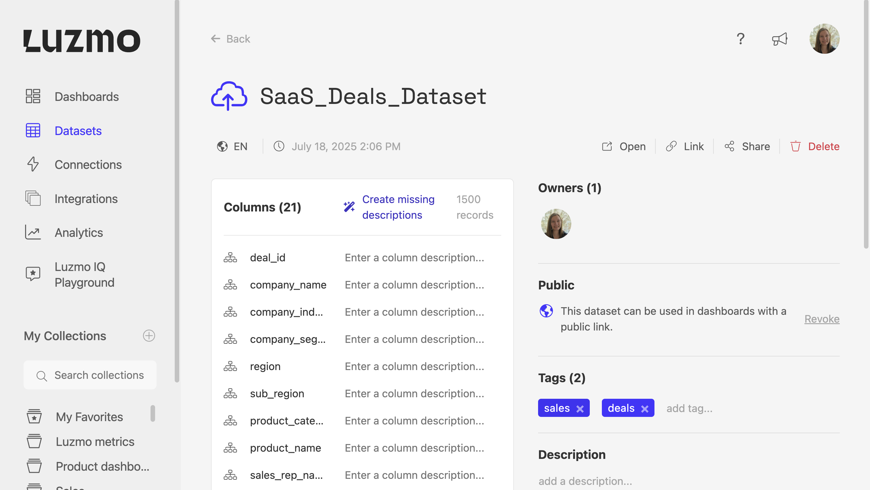 Data naming and descriptions in Luzmo
