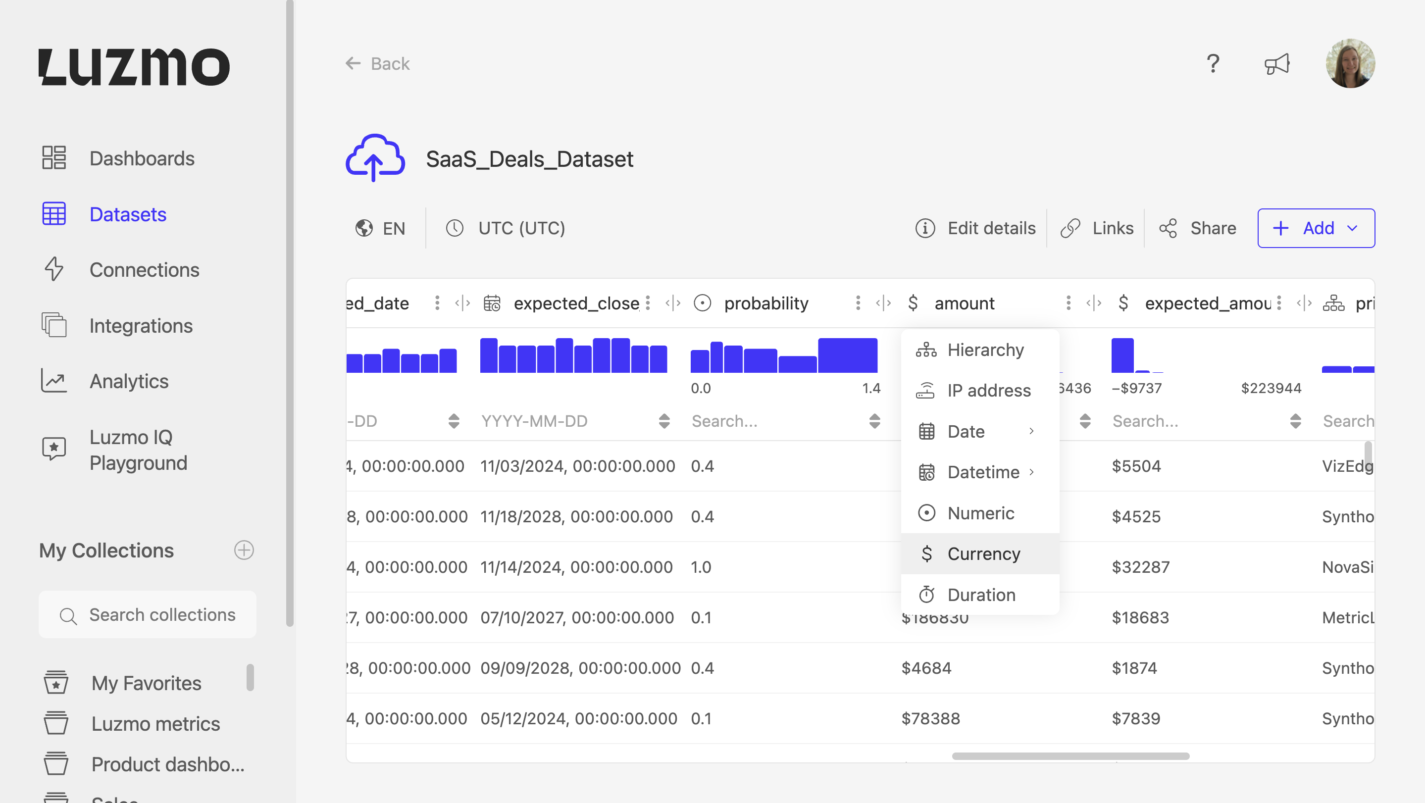 Setting data types in Luzmo