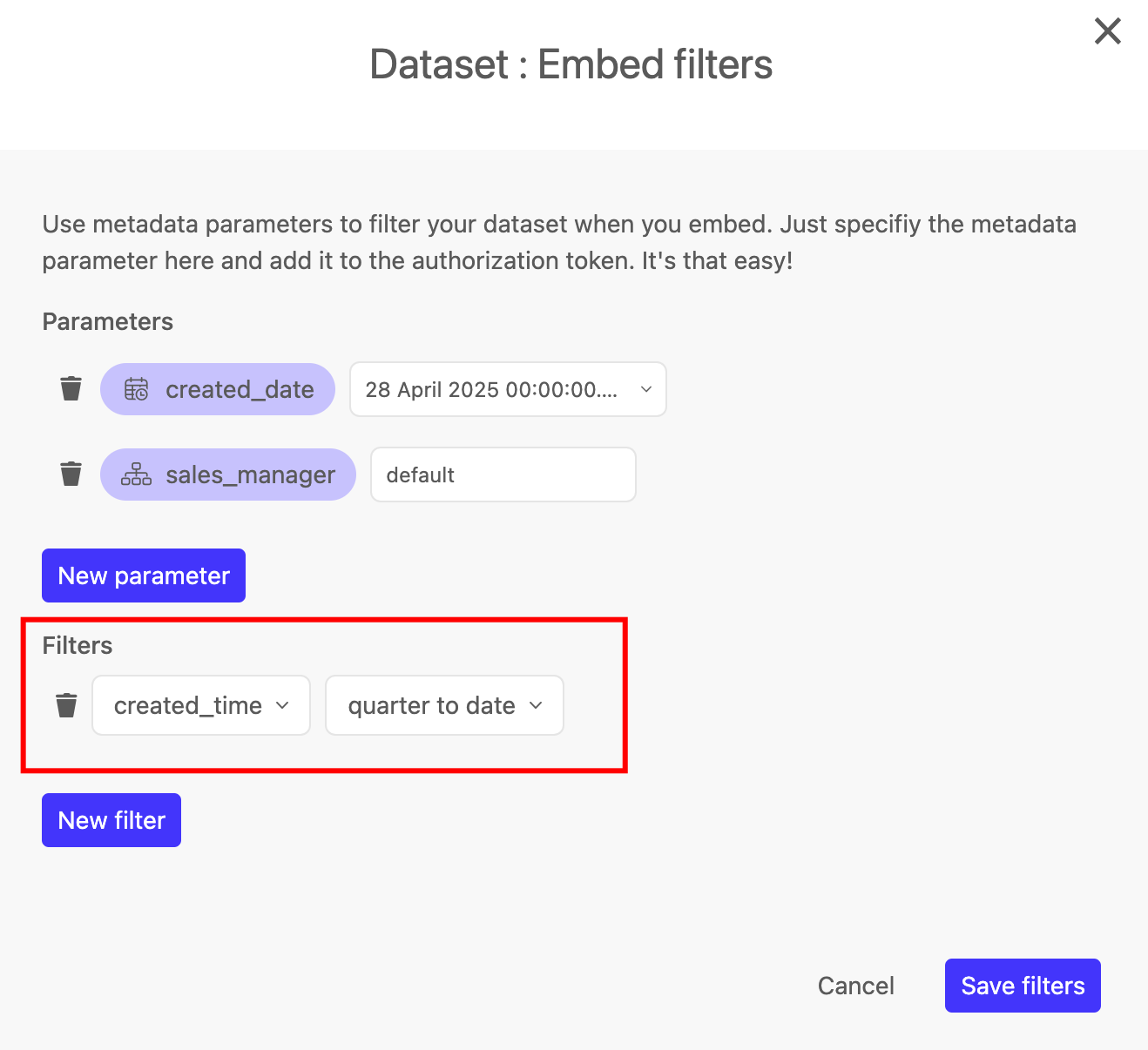 Setting embed filters on Luzmo embedded dashboards