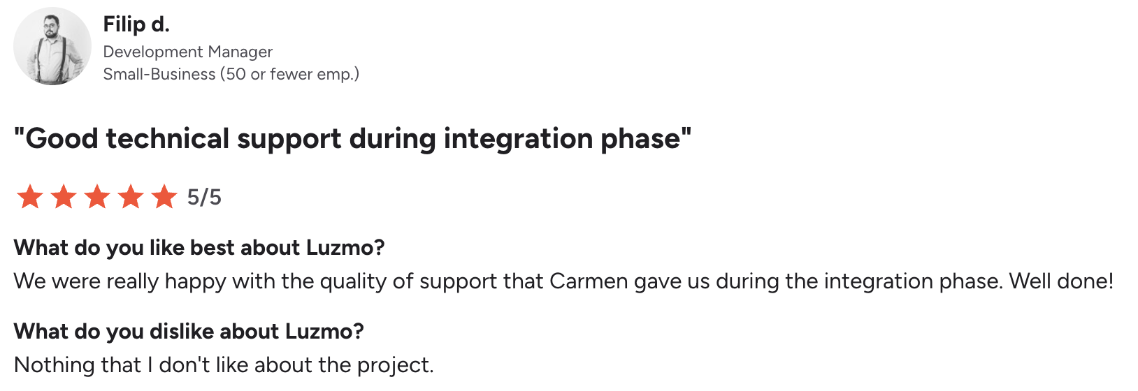G2 review of Luzmo highlighting technical support