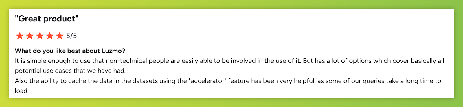 G2 review showing the ease of use of Luzmo's dashboard editor