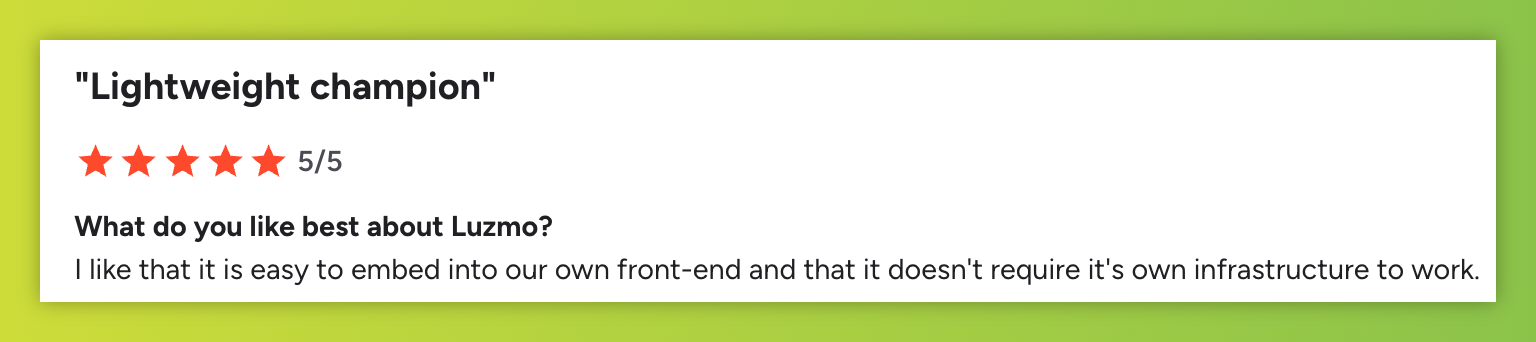 G2 review praising Luzmo's easy and lightweight embedding