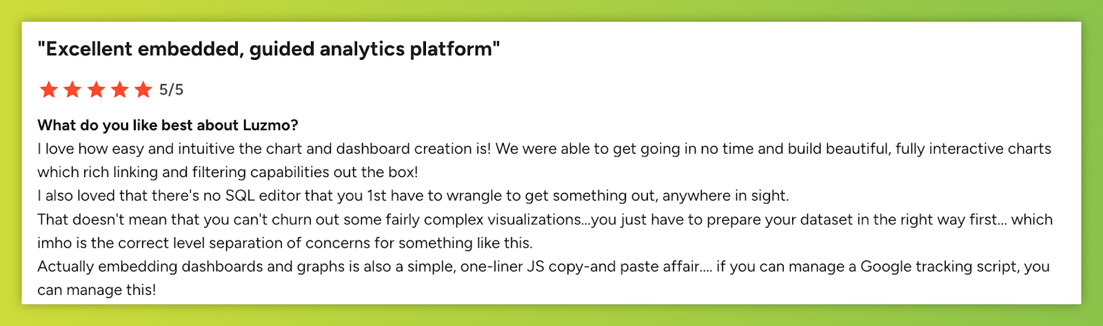G2 review on Luzmo's intuitive embedding