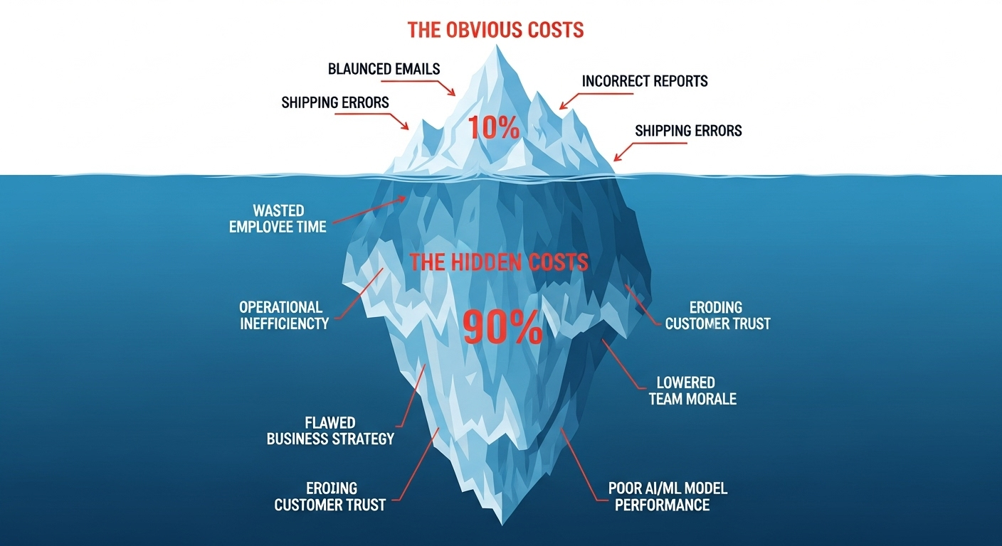 An infographic of an iceberg showing the hidden costs of poor data. The small tip above water is labeled 'Obvious Costs' like incorrect reports. The much larger, submerged part is labeled 'Hidden Costs' like flawed strategy and eroding customer trust.