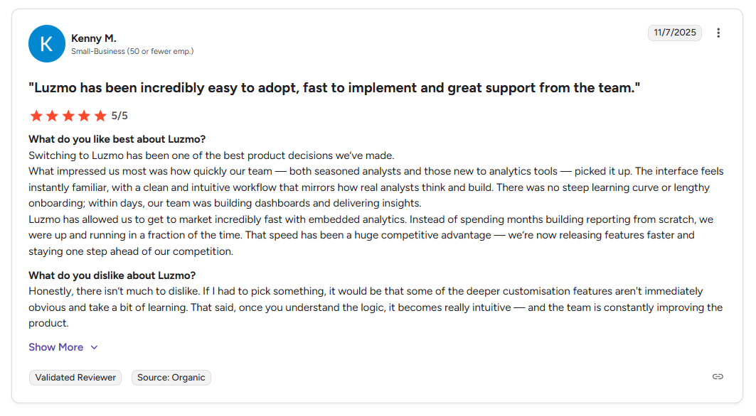 luzmo user feedback review on g2