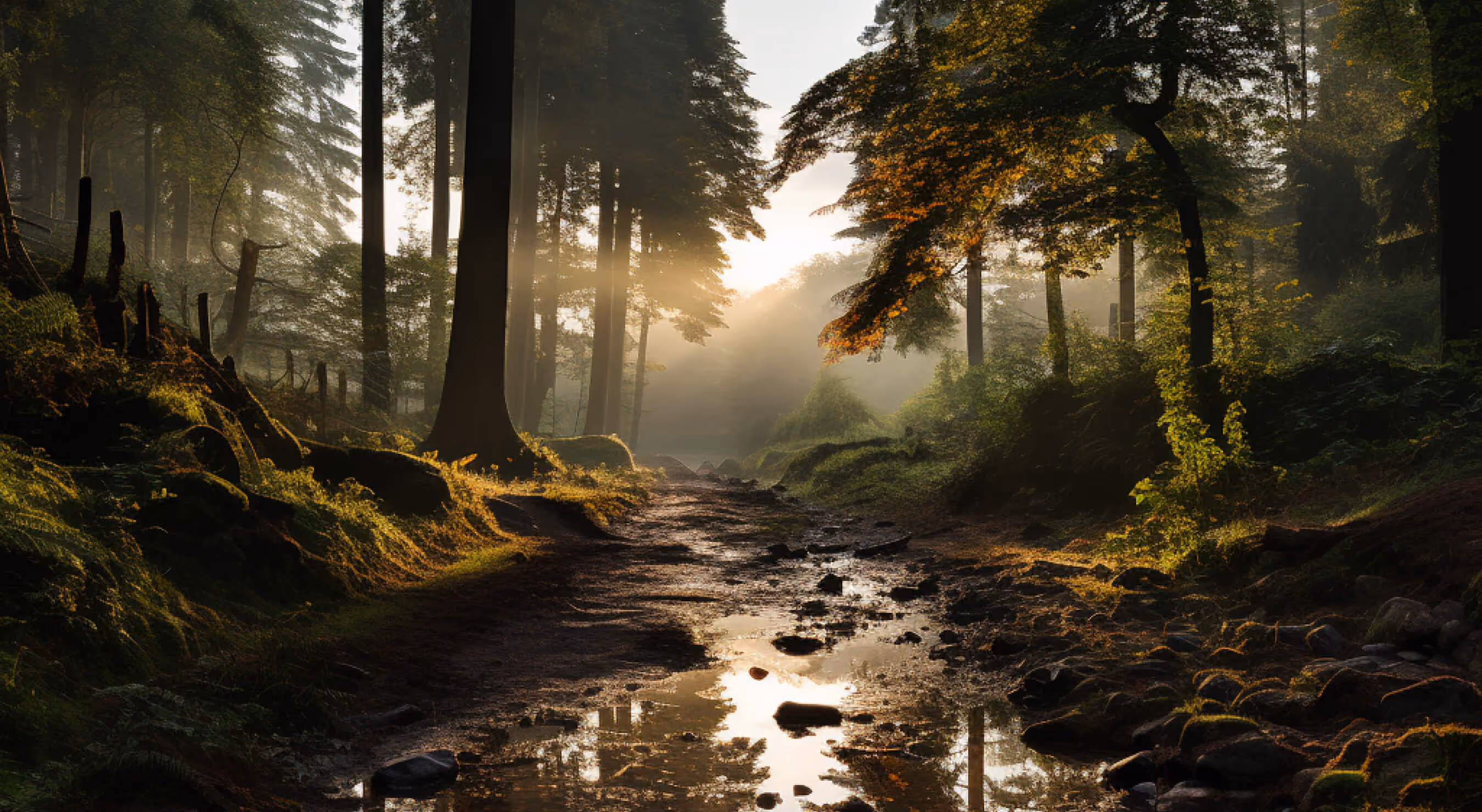 A stream running through a lush green forest.