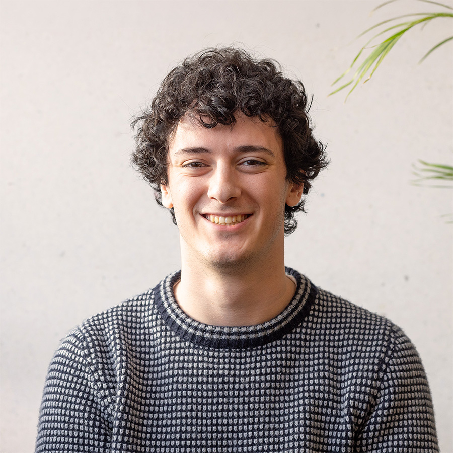 Louis wearing grey-blue jumper with dark curly hair smiling at the camera