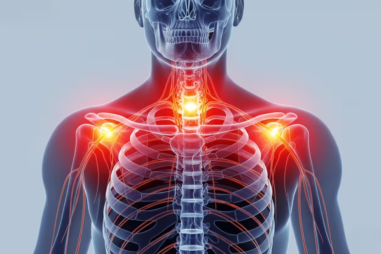 Transparent human upper torso showing skeleton and nerves with red and yellow highlights on the neck and both shoulder joints indicating areas of pain or inflammation.