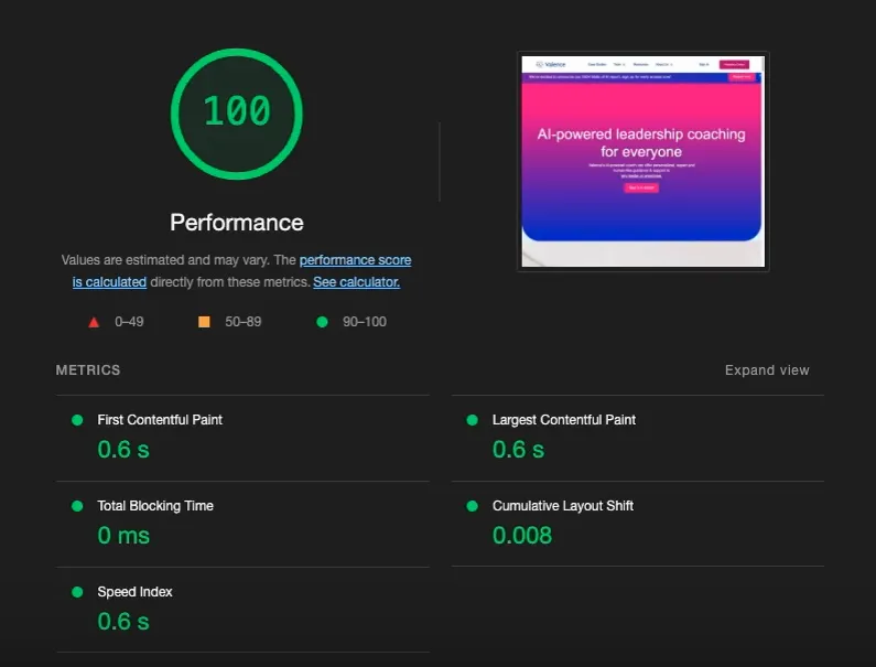 A perfect lighthouse analysis of the Valence Webflow site without any third party scripts.