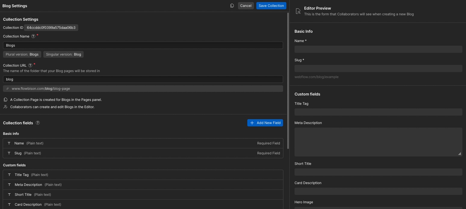 Visual guide on how to set up a CMS collection with Webflow.