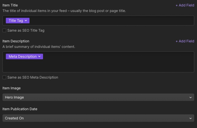 Visual guide on how to map CMS fields to RSS feed.