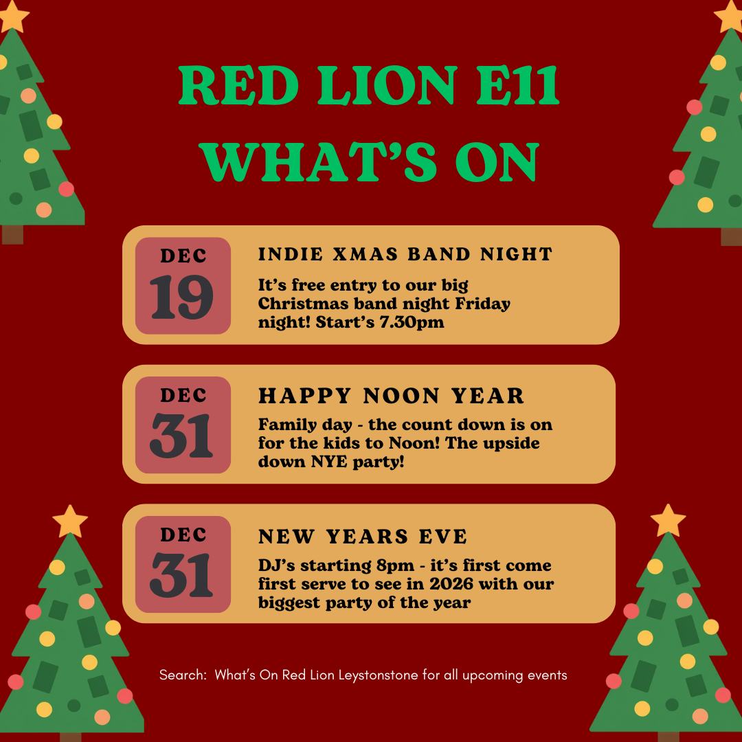 It's the most wonderful time of the year! 🎄Tomorrow we start off our the festive week with our Indie band night. 
Then it's the countdown to our New Years Festivities....🪩

Head over to our What's On Page for all Red Lion Events.