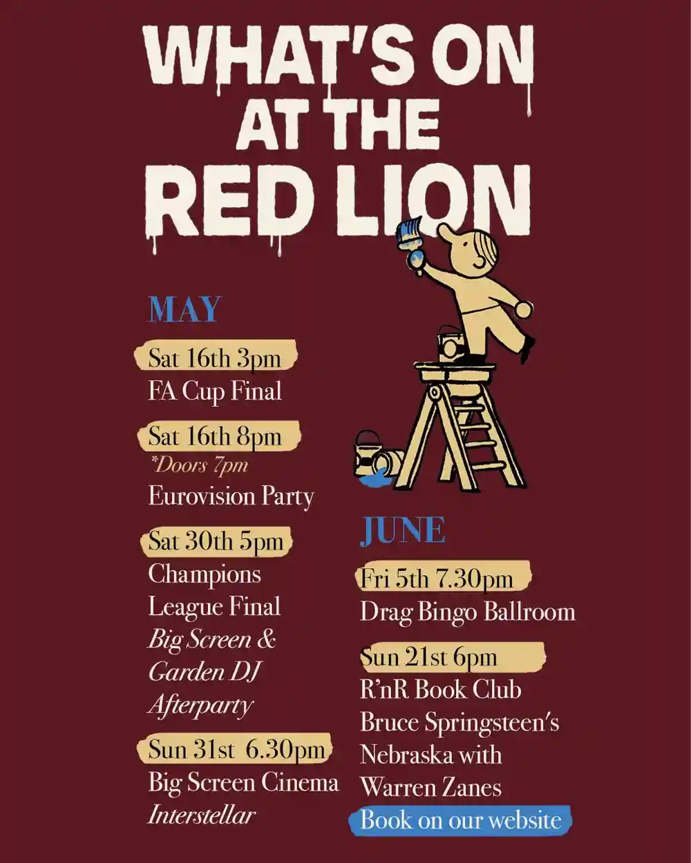 Coming up at The Red Lion this week and beyond ✨
From big-match moments and Eurovision sparkle to cinema nights, Drag Bingo, and our Rock ’n’ Roll Book Club, there’s plenty to fill your evenings with excitement
And of course, your weekly favourites are always on the menu:
🧠 Pub Quiz — Tuesdays
💃 Salsa Night — Wednesdays
🧘♀️ Yoga — Mondays & Fridays
🎤 Singwell Choir — Mondays
🎧 Live DJ — Saturdays
Don’t miss out - book via our website and join us for the next round of good times.