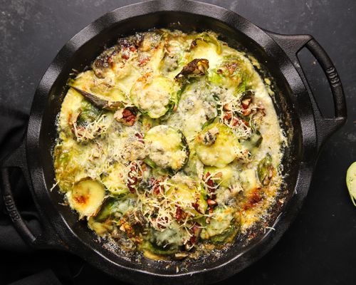 Baked Brussels Sprouts in skillet
