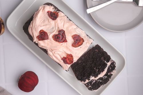Chocolate beetroot cake on serving tray