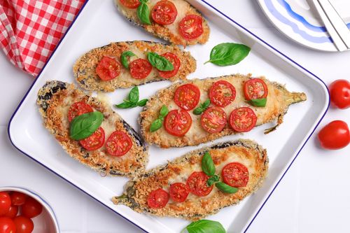 Eggplant Schnitzels arranged on serving tray