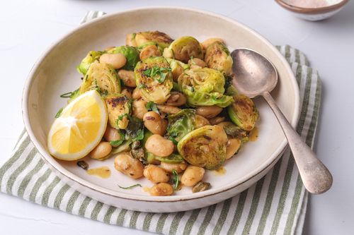 Beans and Brussels sprouts on serving platter
