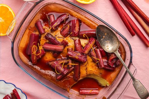 Baking dish with Orange and Spiced Rhubarb Pudding
